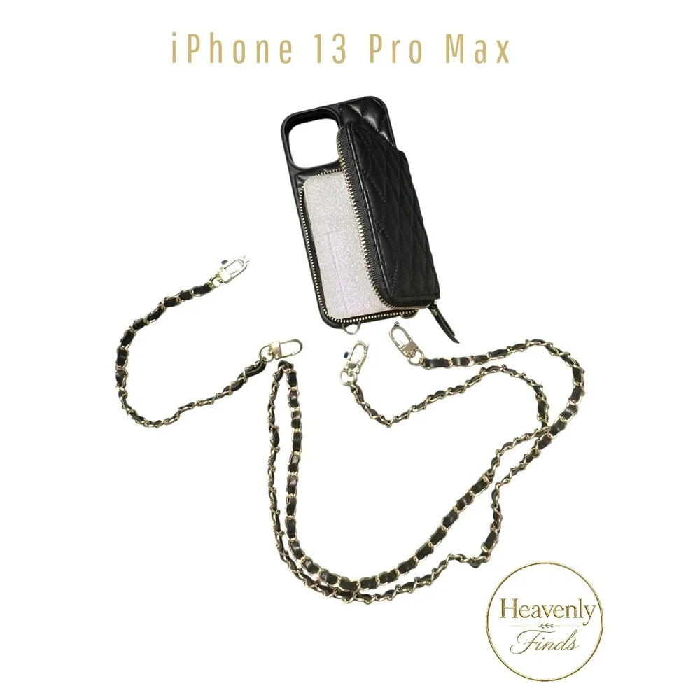 Lameeku iPhone 13 Pro Max Wallet Case Black Quilted Crossbody RFID New